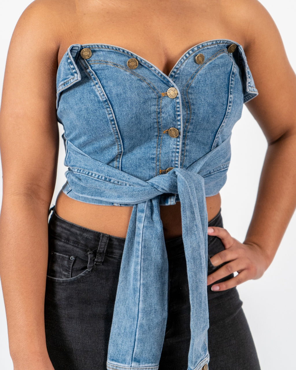 Denim Top Off the Shoulder Tie Front